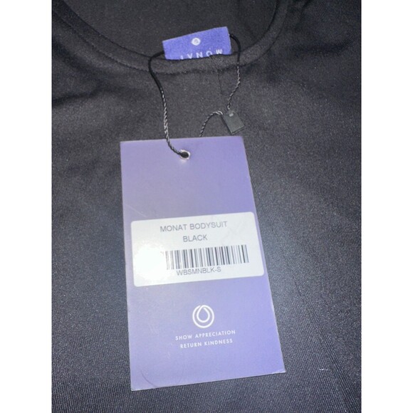 Monat Gear Bodysuit Sz S Logo Print Sleeveless Compression Black Yoga Cheeky New - Picture 3 of 3